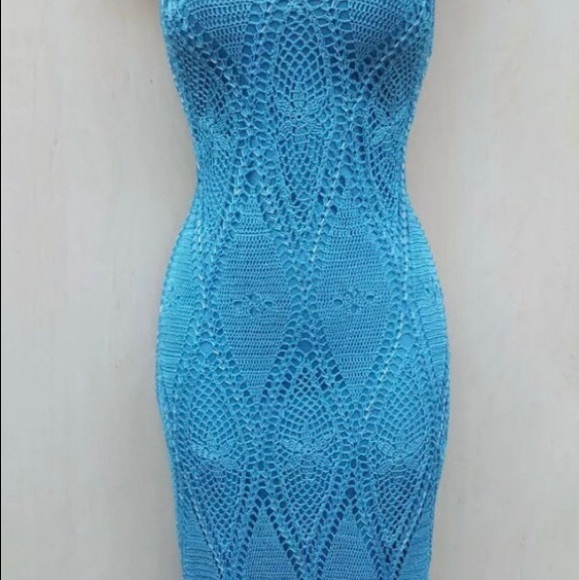 Karen Millen Turquoise Blue beaded Crotched Dress, Size 10 U.K. - Picture 5 of 16
